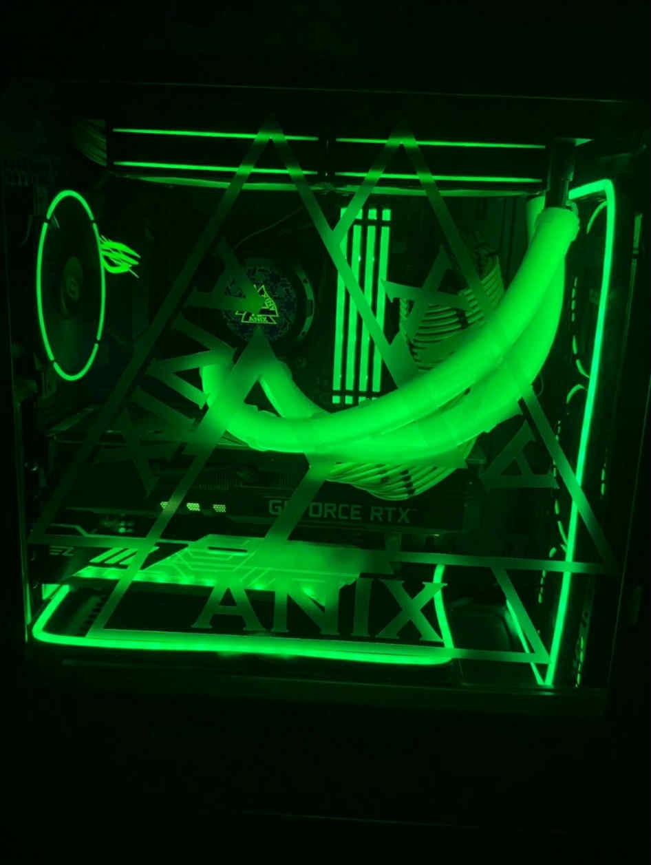 A vibrant green-themed build featuring sharp RGB accents and clear visibility of the cooling layout. This setup is tuned for strong airflow and a visually unique gaming presence..